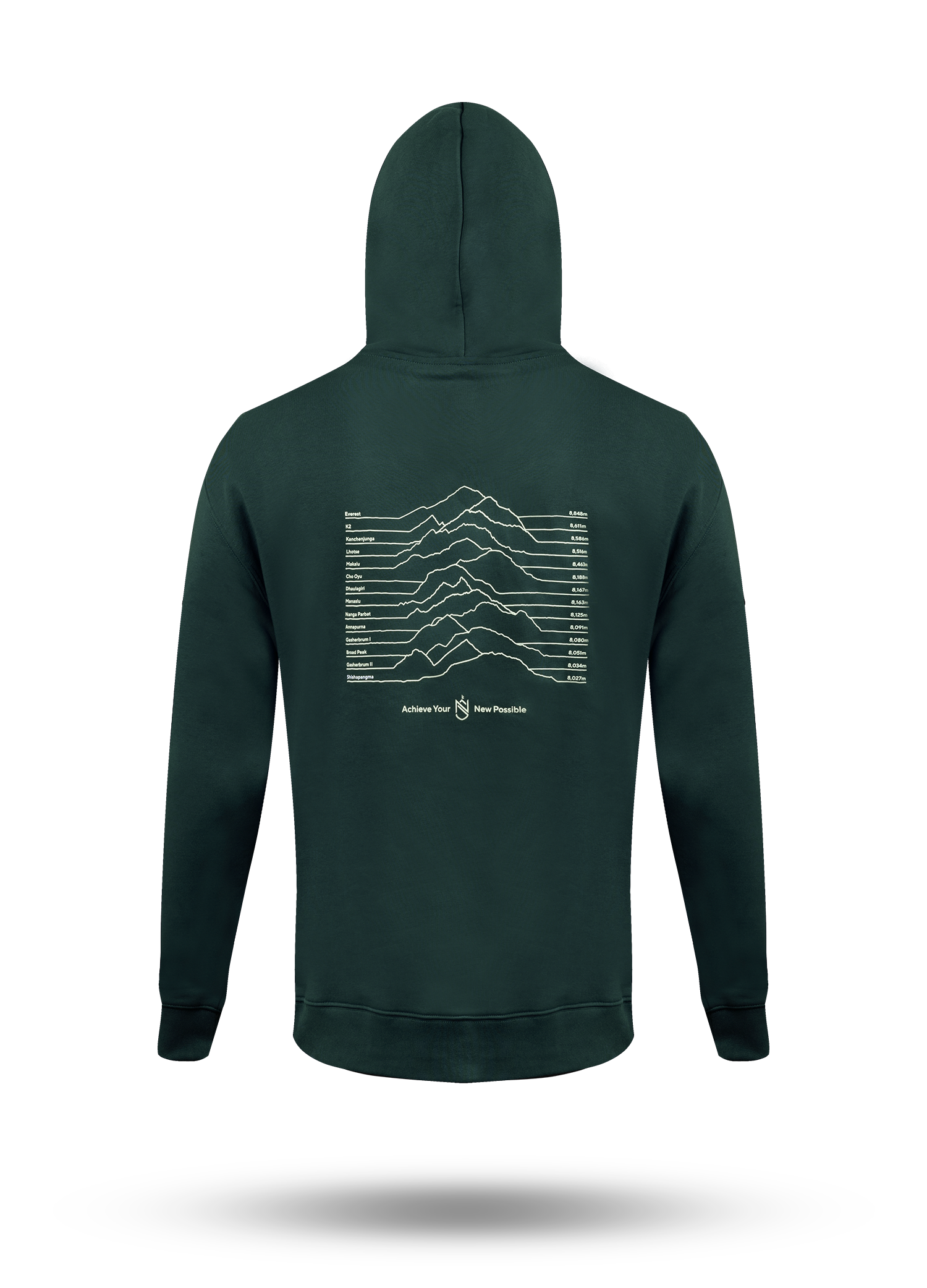 A nimsdai store relentless dark green hoodie shown from the back, featuring a white topographic mountain line graphic and the text 'Achieve your new possible' by nims purja