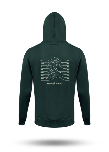 A nimsdai store relentless dark green hoodie shown from the back, featuring a white topographic mountain line graphic and the text 'Achieve your new possible' by nims purja